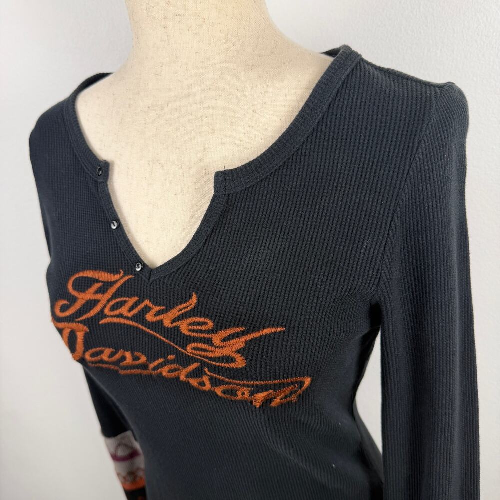 Harley-Davidson Black Thermal Long Sleeve Shirt Y2K Retro Women's Small V neck - Picture 6 of 11
